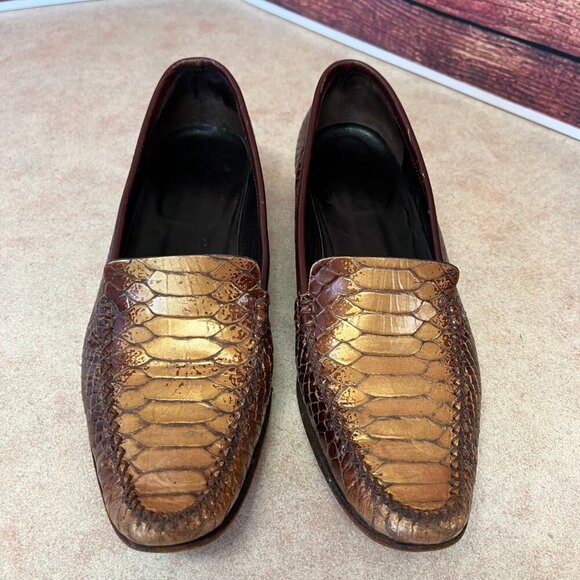 Escada Dark Brown & Bronze/Gold Faux Snake Print Loafers Moccasins Flats - Picture 4 of 16